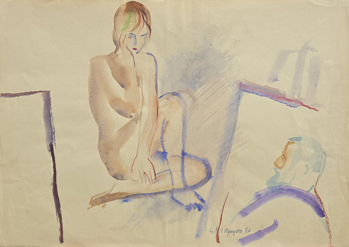 g. a. v. traugot. hudozhnik i model 1980 bumaga akvarel 30x42 sm